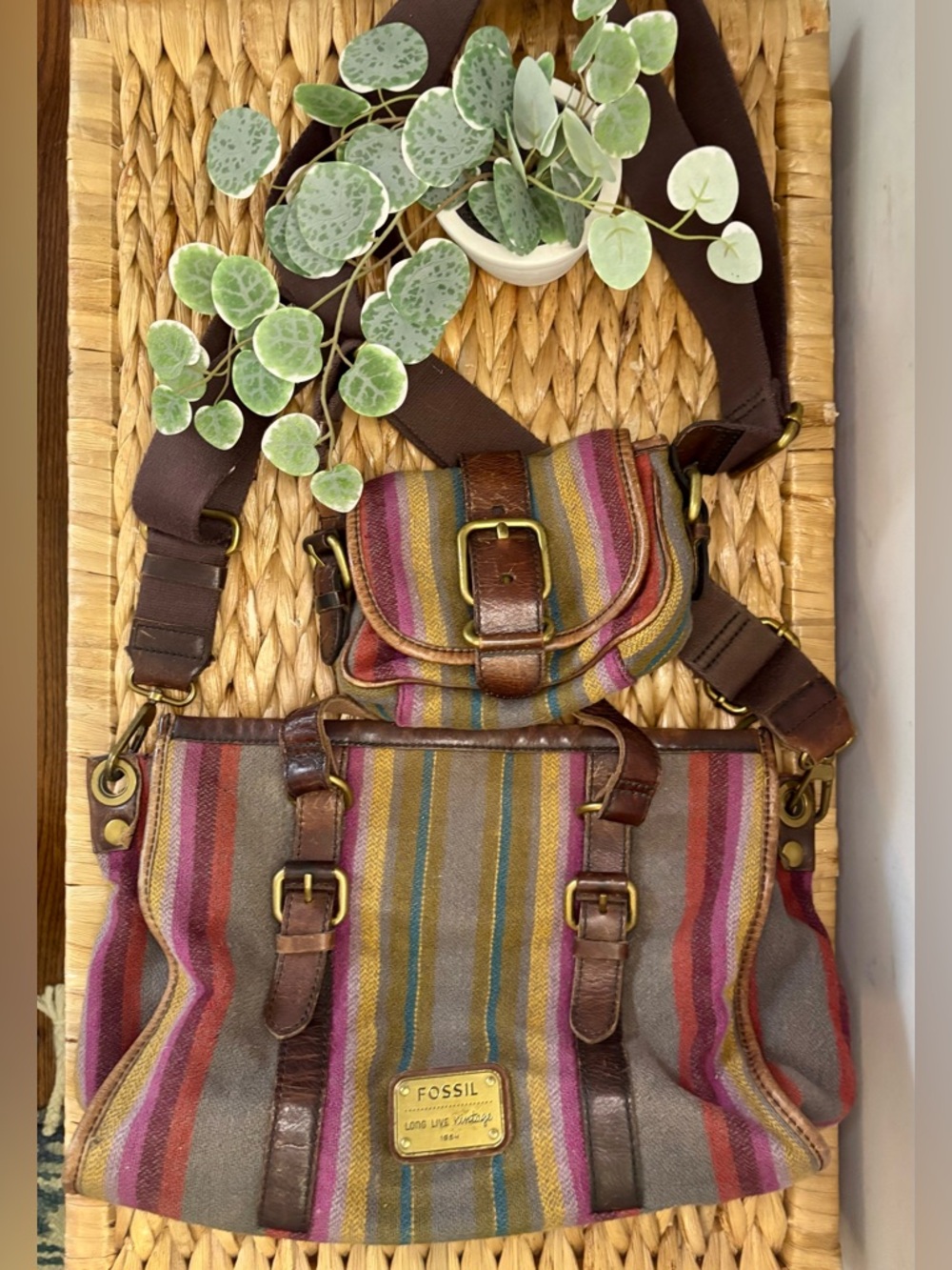 Vintage Fossil Striped Fabric Crossbody with Brown Leather Trim - Picture 3 of 16